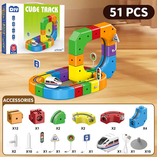 DIY Assembly Magic Track Train Building Block Multiple Shapes Kids STEM Educational Electronic Train Construction Tracks Toys